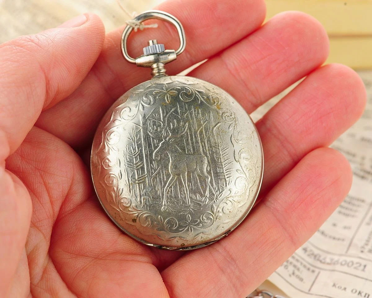 Soviet Raketa open face pocket quartz watch