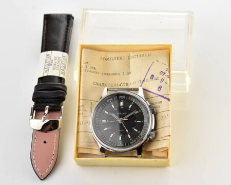Excellent Soviet POLJOT mechanical wrist watch with alarm clock + original box and passport!