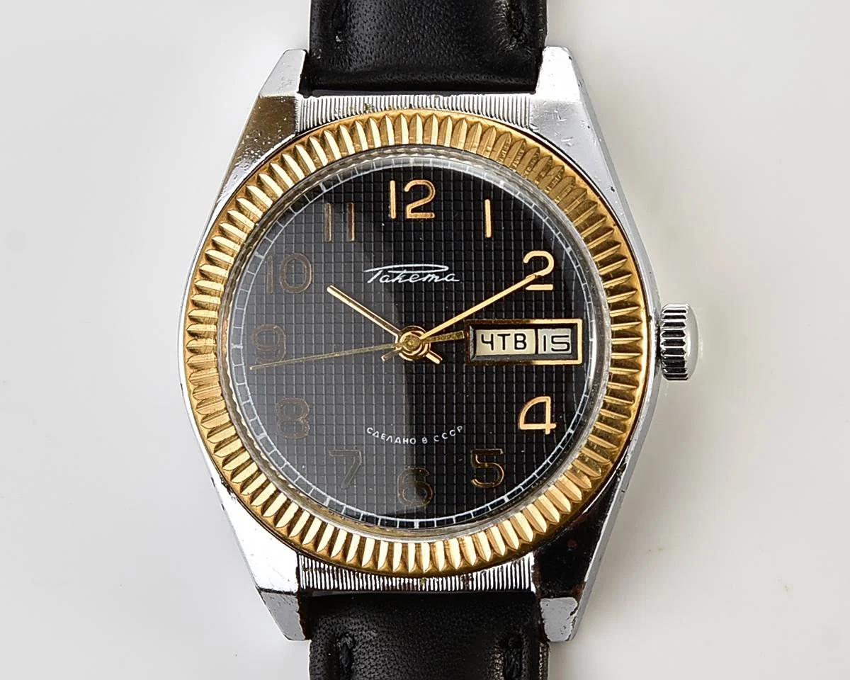 Raketa vintage mechanical wrist watch with double calendar