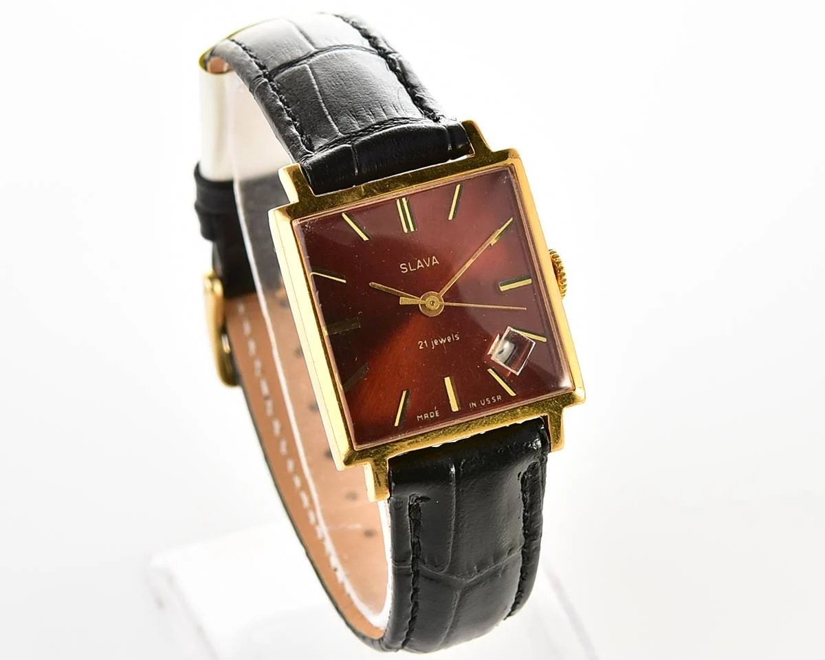 Gold-plated Slava Soviet mechanical vintage watch with original crystal and crown