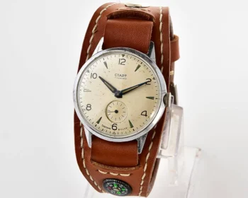 Rare! Start vintage classical mechanical watch with luxury genuine leather compass strap!