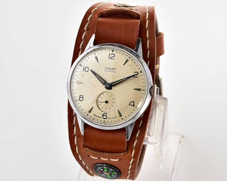Rare! START vintage classical mechanical watch with luxury genuine leather compass strap!
