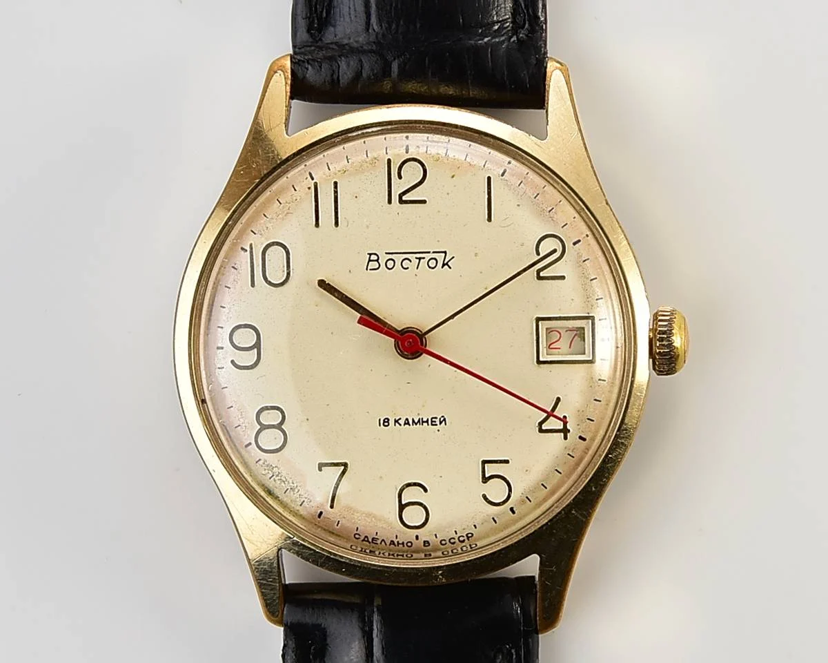 Wostok (Vostok) mechanical gold-plated wrist watch with biege dial