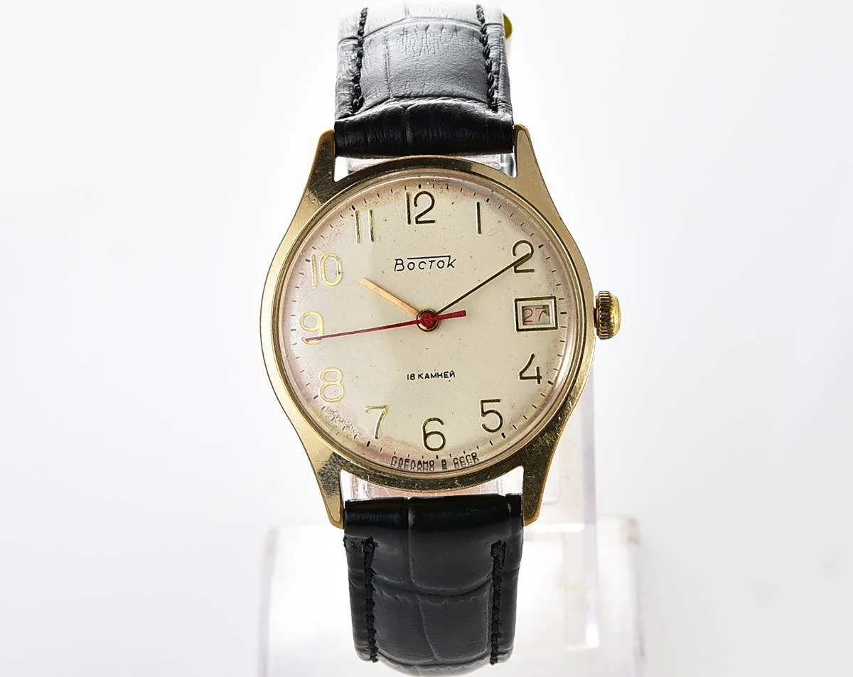 Wostok (Vostok) mechanical gold-plated wrist watch with biege dial