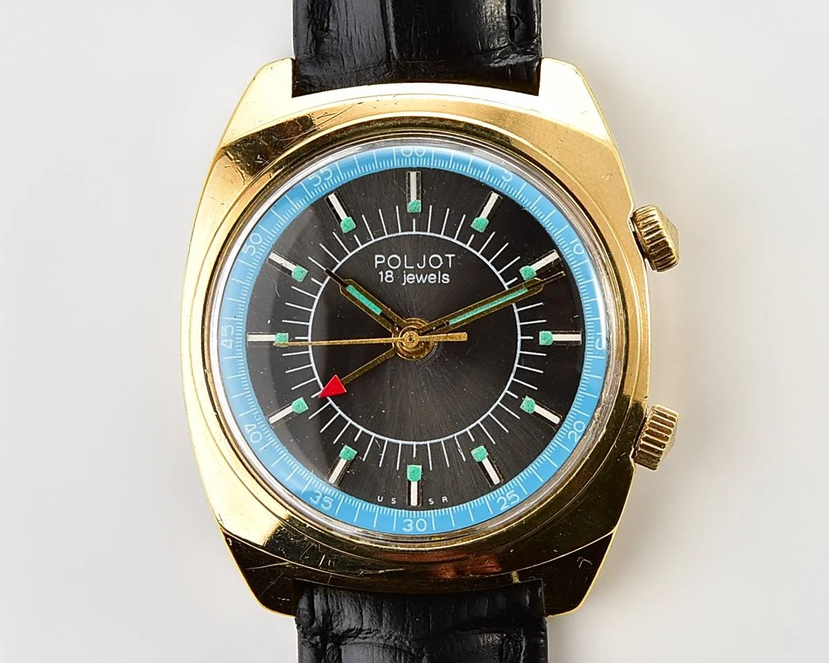Soviet Poljot gold-plated mechanical watch with alarm clock function