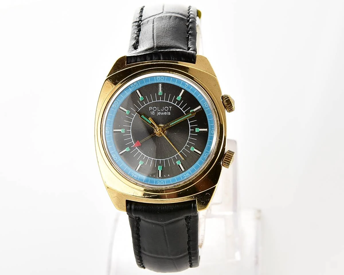 Soviet Poljot gold-plated mechanical watch with alarm clock function