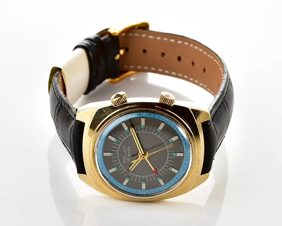 Soviet Poljot gold-plated mechanical watch with alarm clock function
