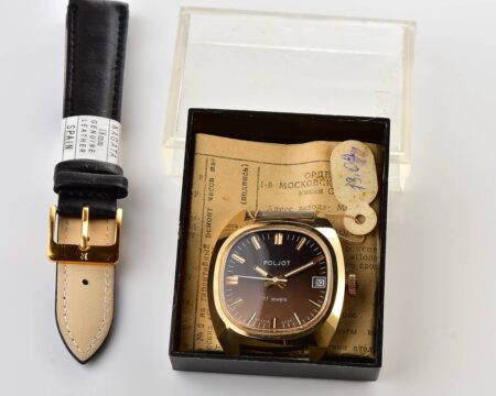 Soviet POLJOT gold-plated mechanical wrist watch with box, passport and engraved back!