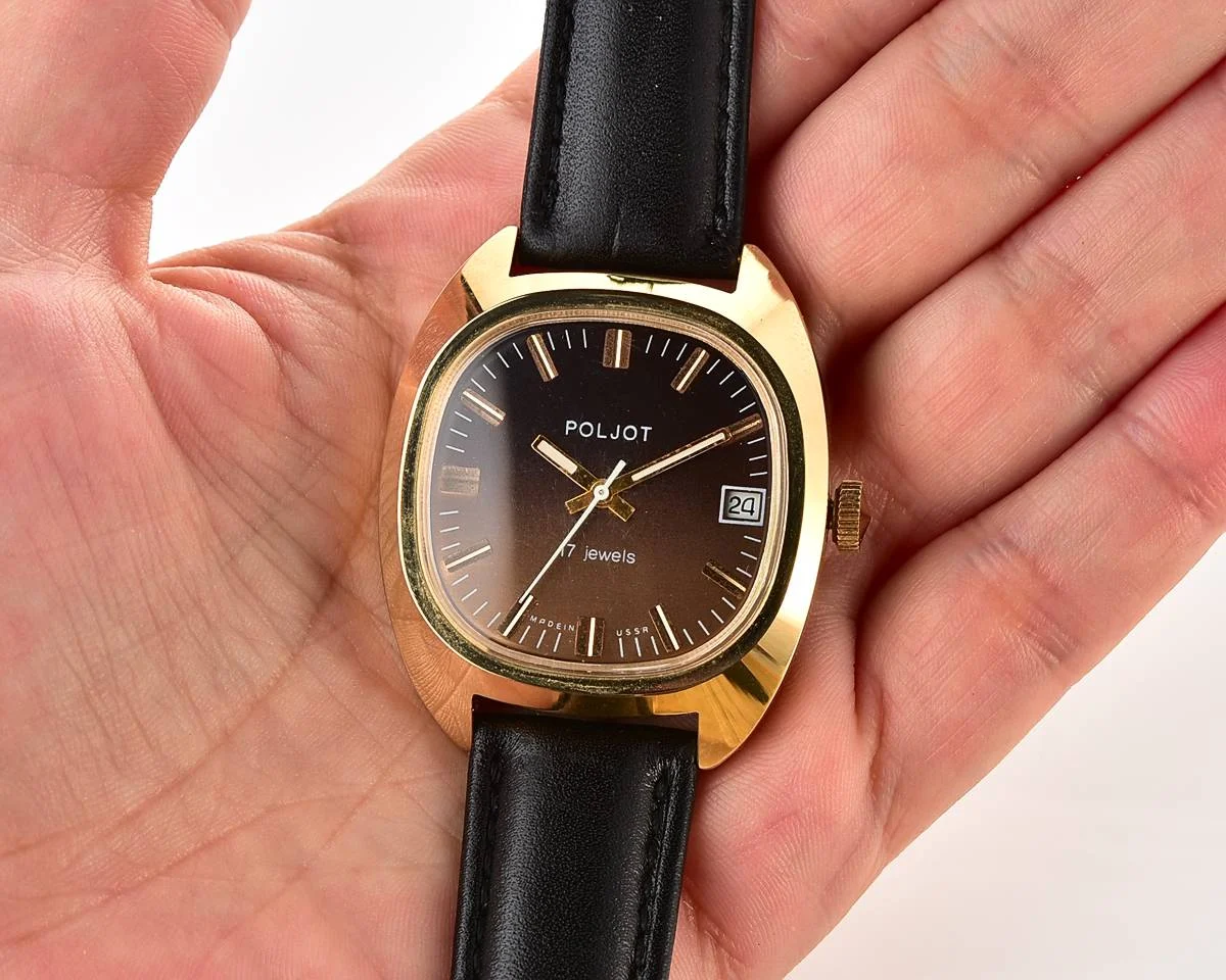 Soviet Poljot gold-plated mechanical wrist watch with box, passport and engraved back!