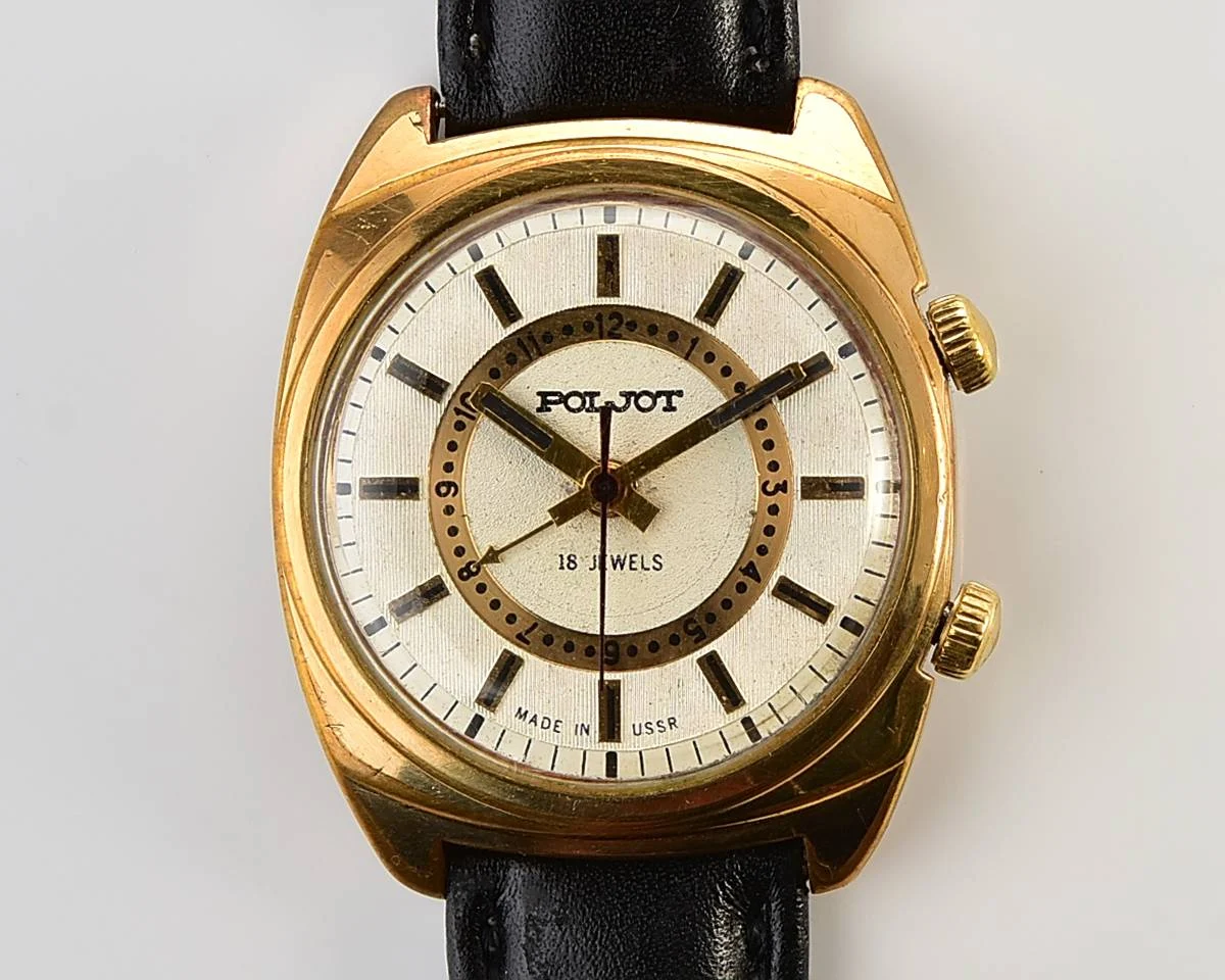 Soviet Poljot gold-plated mechanical watch with alarm clock function