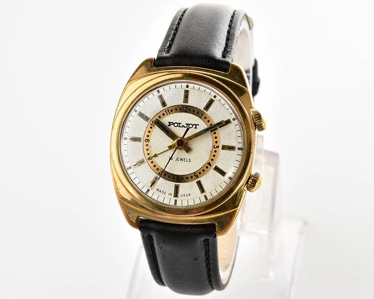 Soviet Poljot gold-plated mechanical watch with alarm clock function