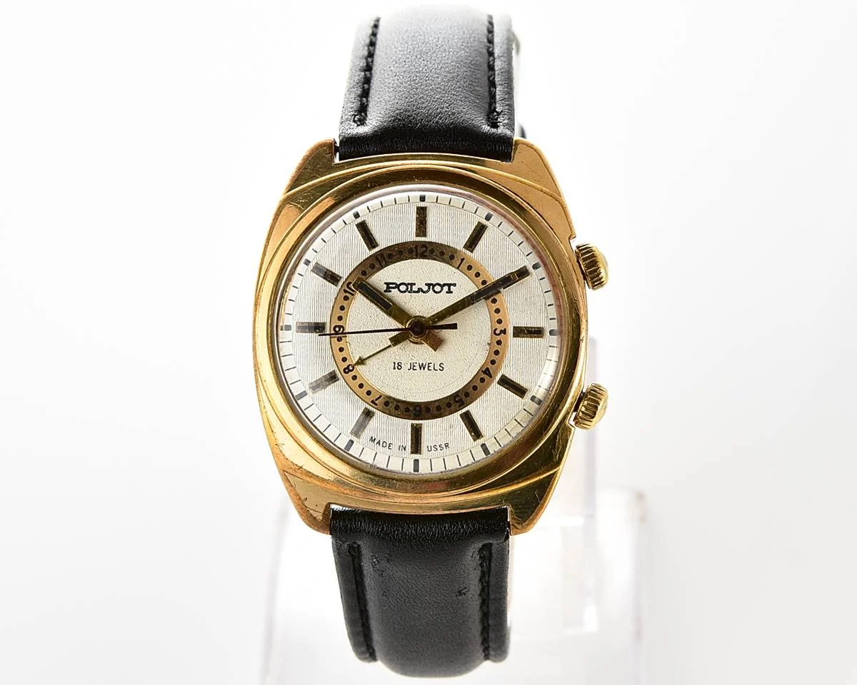 Soviet Poljot gold-plated mechanical watch with alarm clock function
