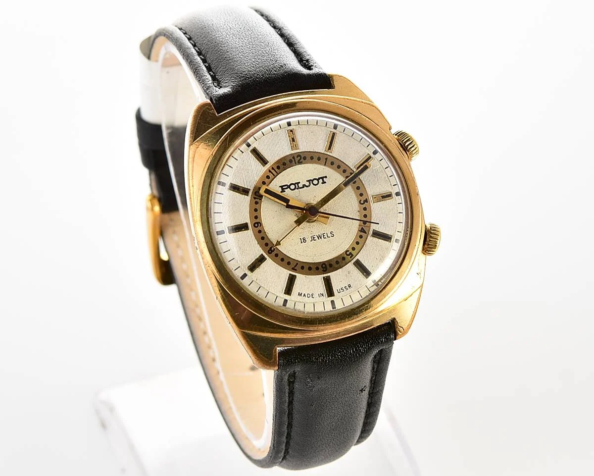 Soviet Poljot gold-plated mechanical watch with alarm clock function