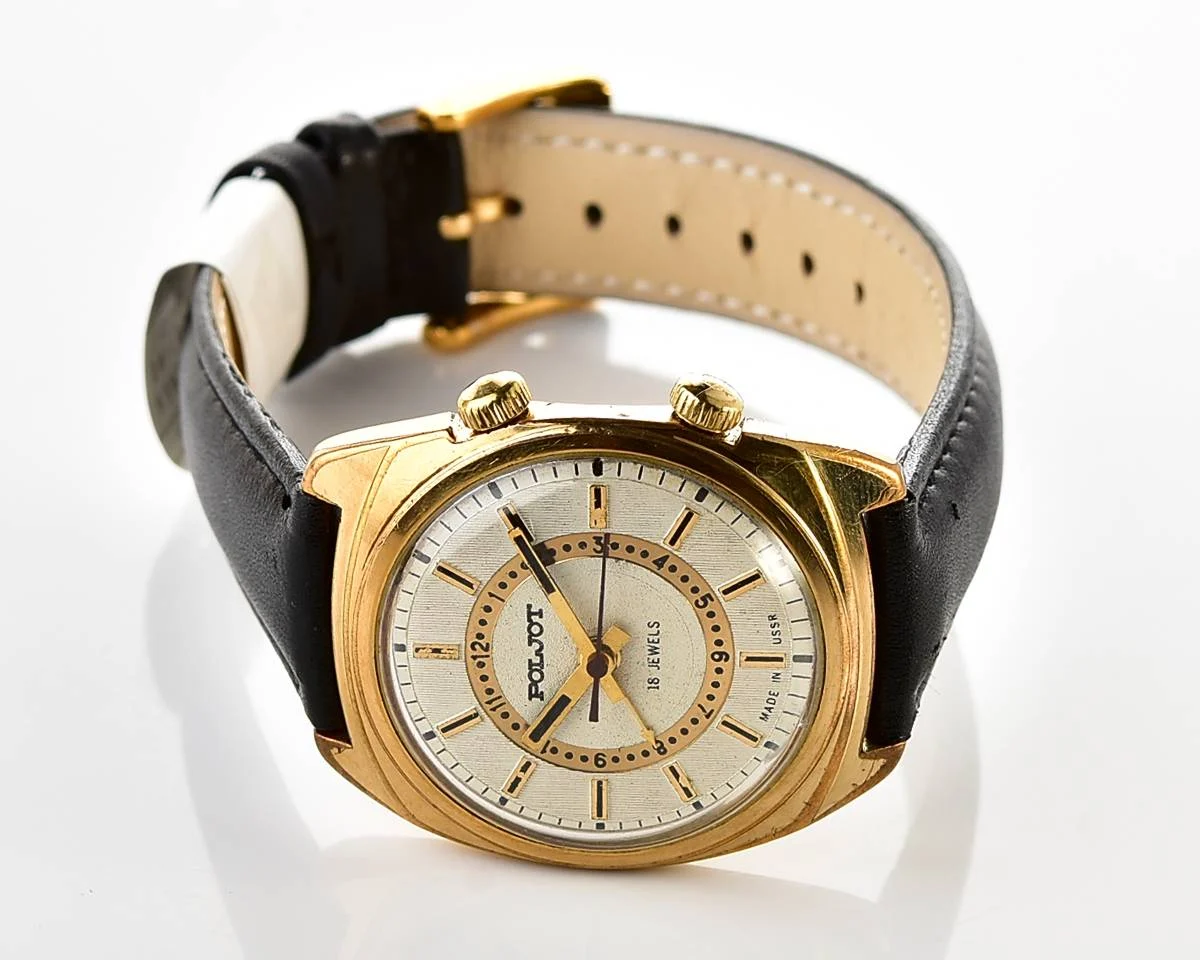 Soviet Poljot gold-plated mechanical watch with alarm clock function
