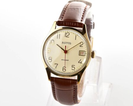 Wostok (Vostok) mechanical gold-plated wrist watch with biege dial