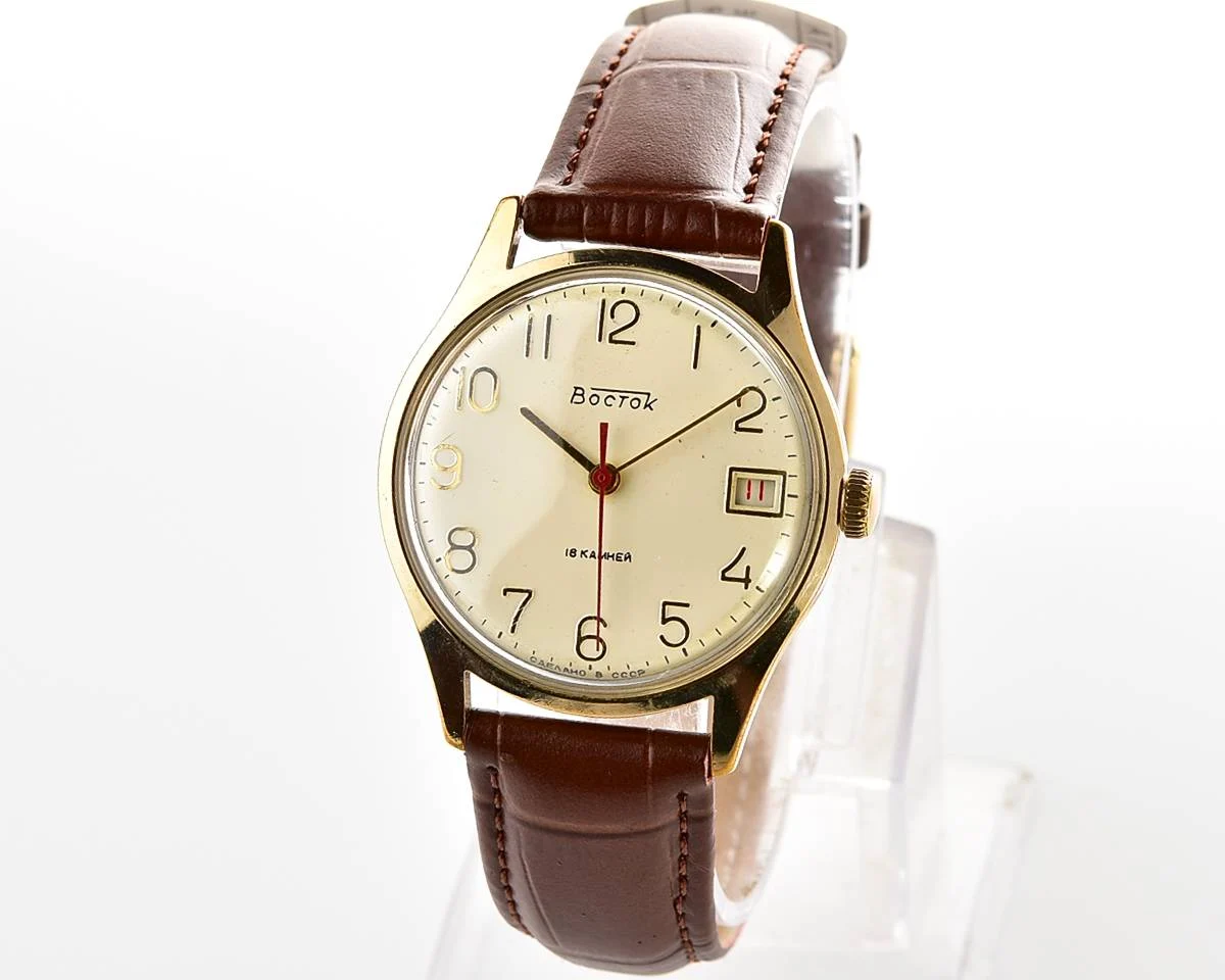 Wostok (Vostok) mechanical gold-plated wrist watch with biege dial