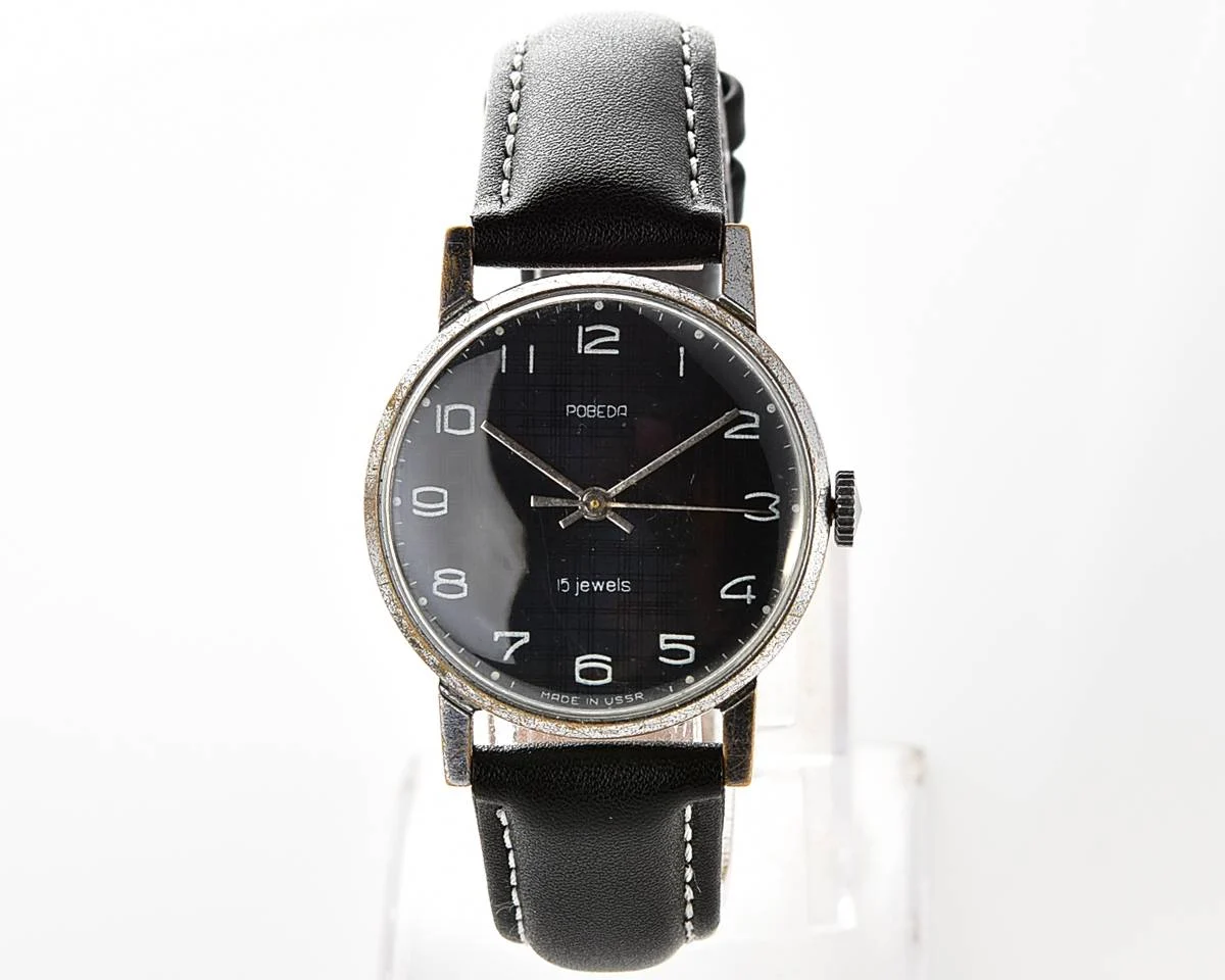 Vintage Soviet mechanical watch Pobeda, ZiM factory – black textured dial