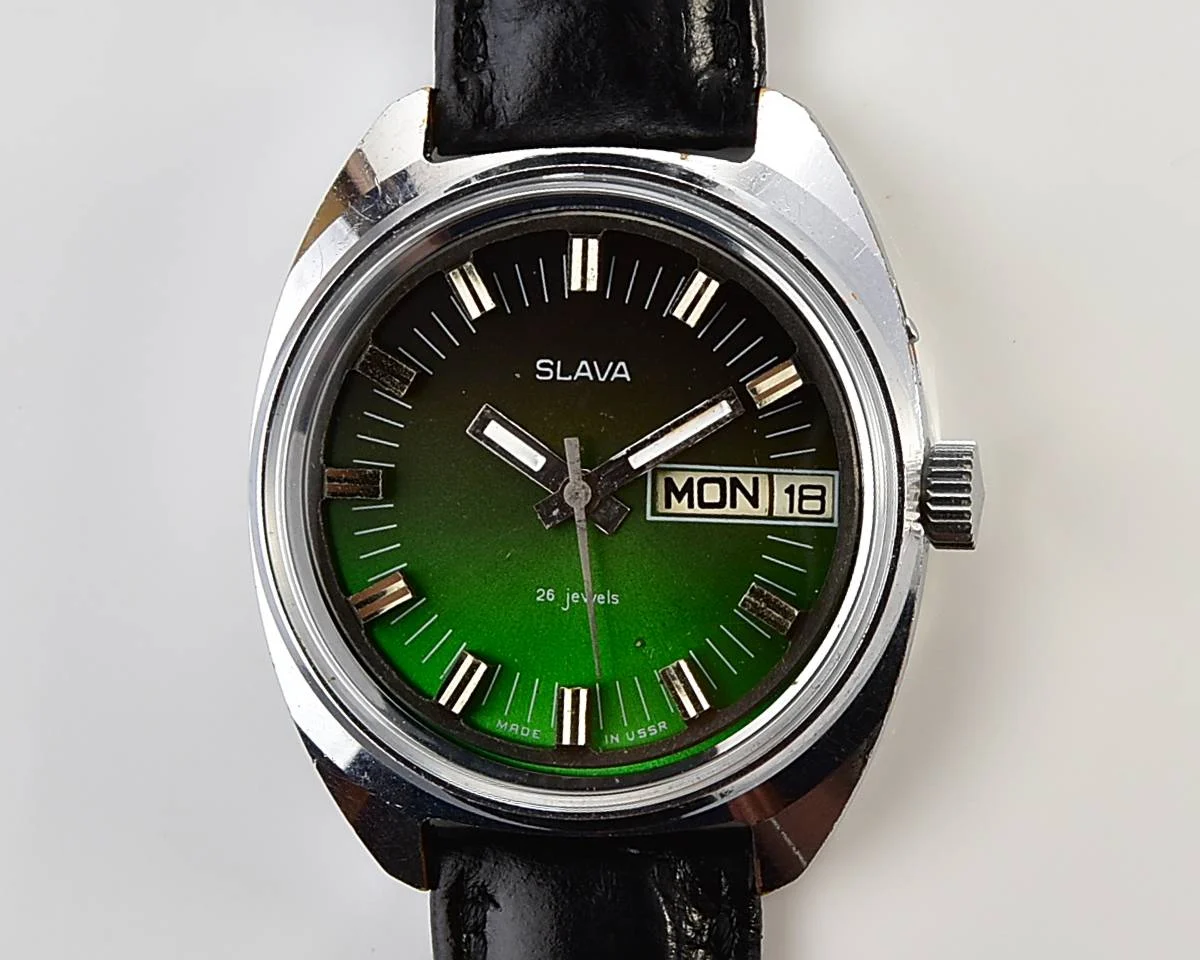 Slava Soviet mechanical vintage watch with green dial