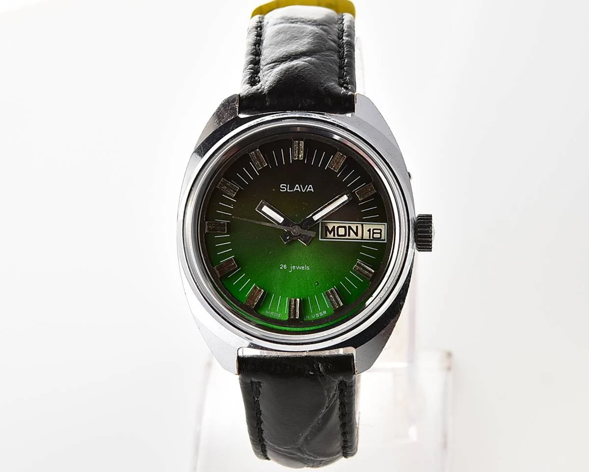 Slava Soviet mechanical vintage watch with green dial