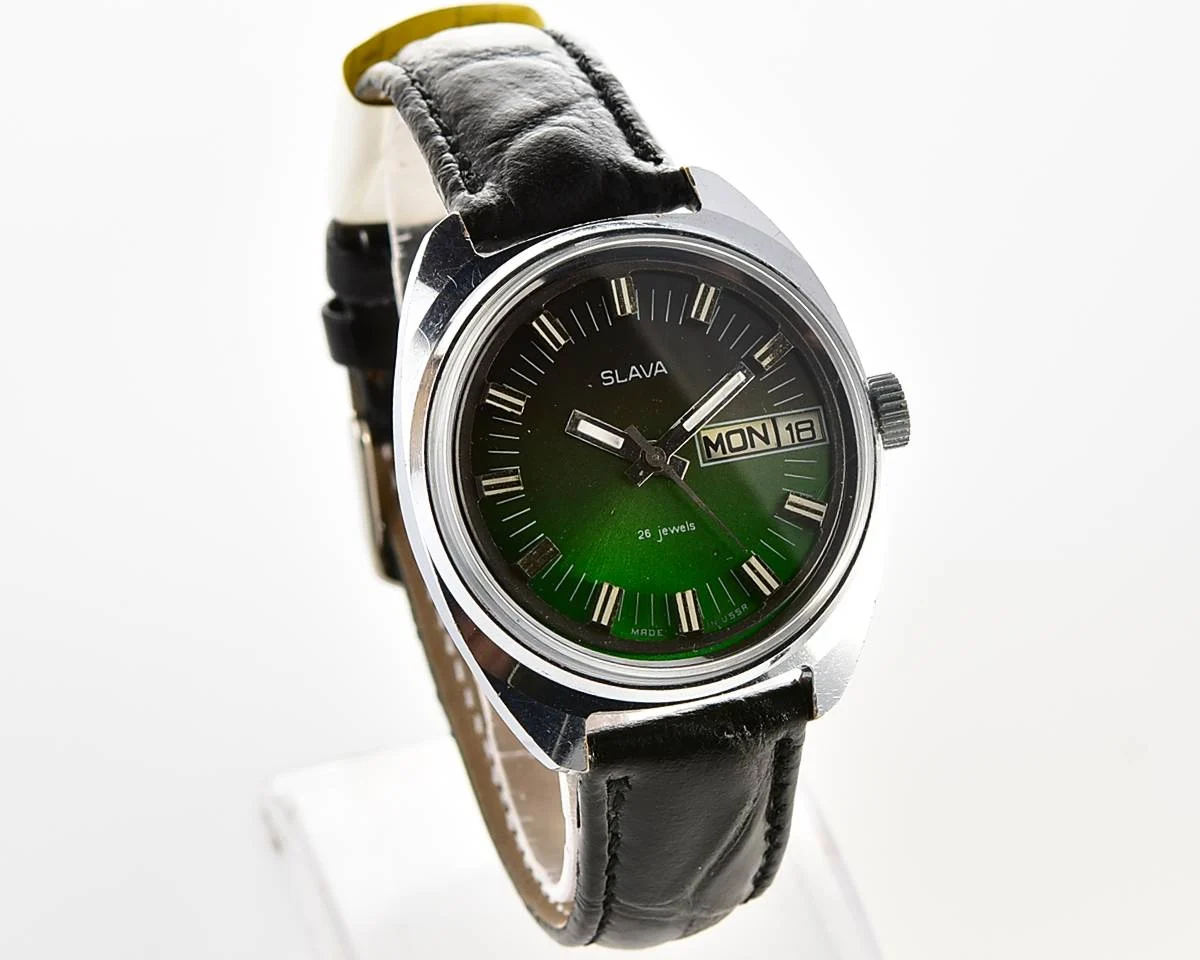 Slava Soviet mechanical vintage watch with green dial