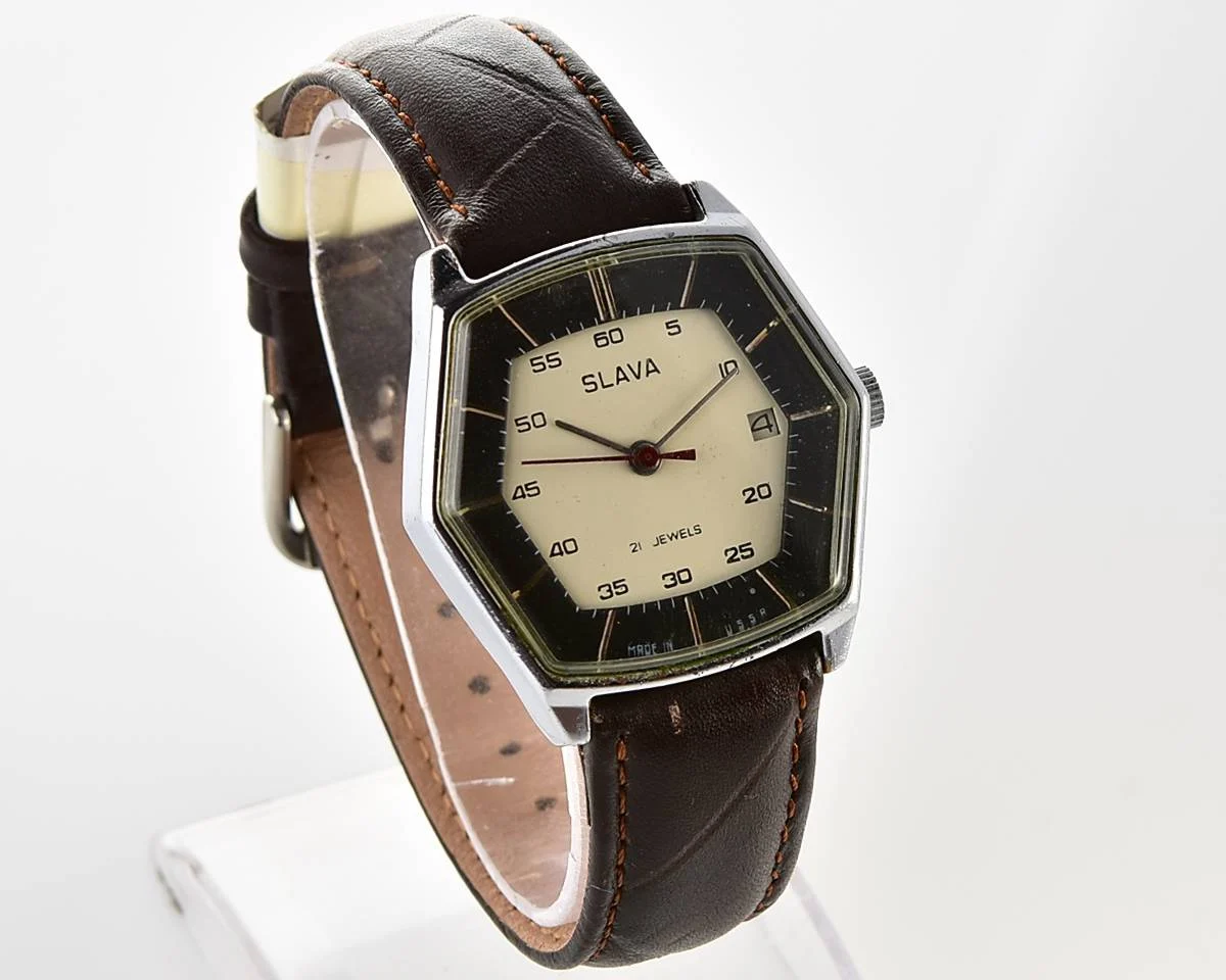 Hexagonal Slava Soviet mechanical vintage watch