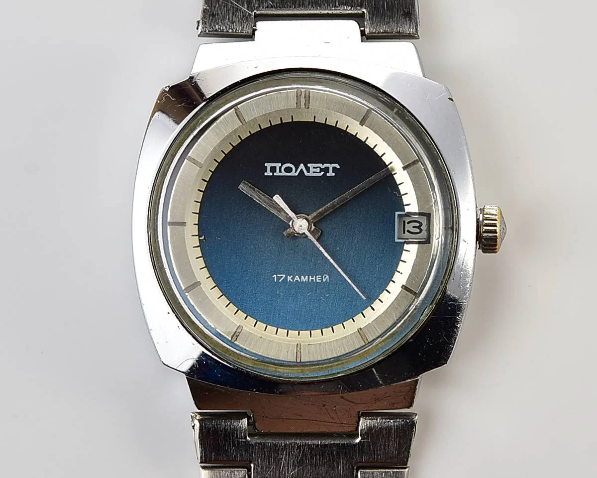 Soviet Poljot mechanical wristwatch with "space-age" retro-minimalistic duo-tone dial from 1970s