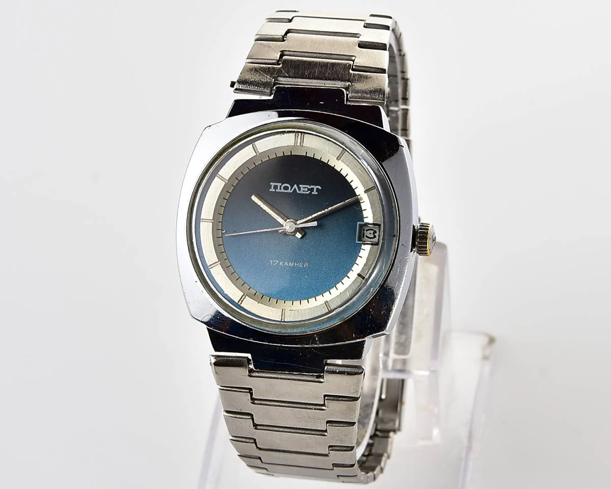 Soviet Poljot mechanical wristwatch with "space-age" retro-minimalistic duo-tone dial from 1970s