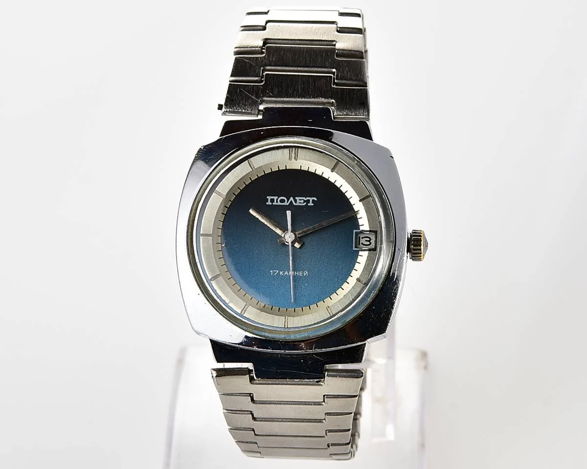 Soviet Poljot mechanical wristwatch with "space-age" retro-minimalistic duo-tone dial from 1970s