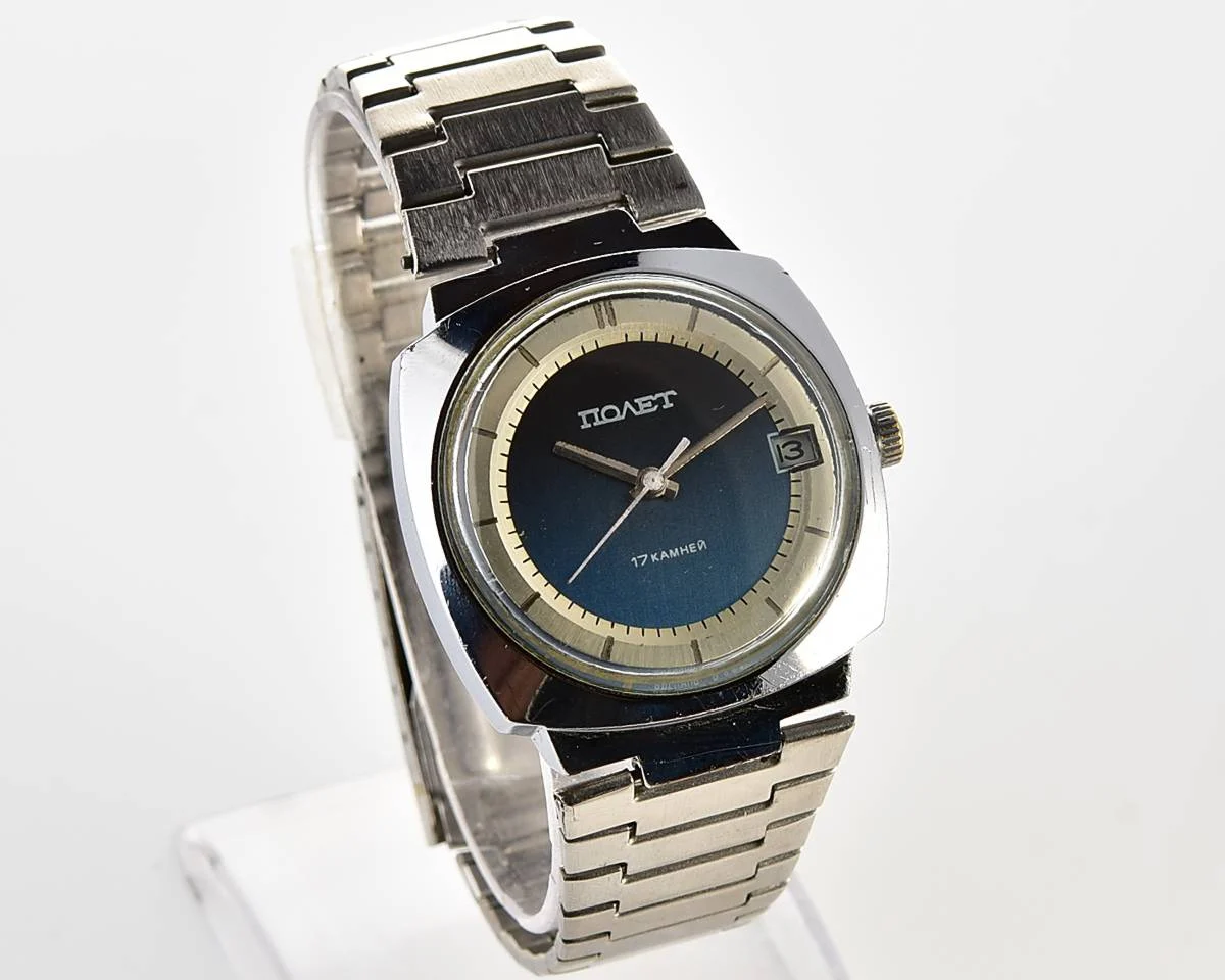 Soviet Poljot mechanical wristwatch with "space-age" retro-minimalistic duo-tone dial from 1970s