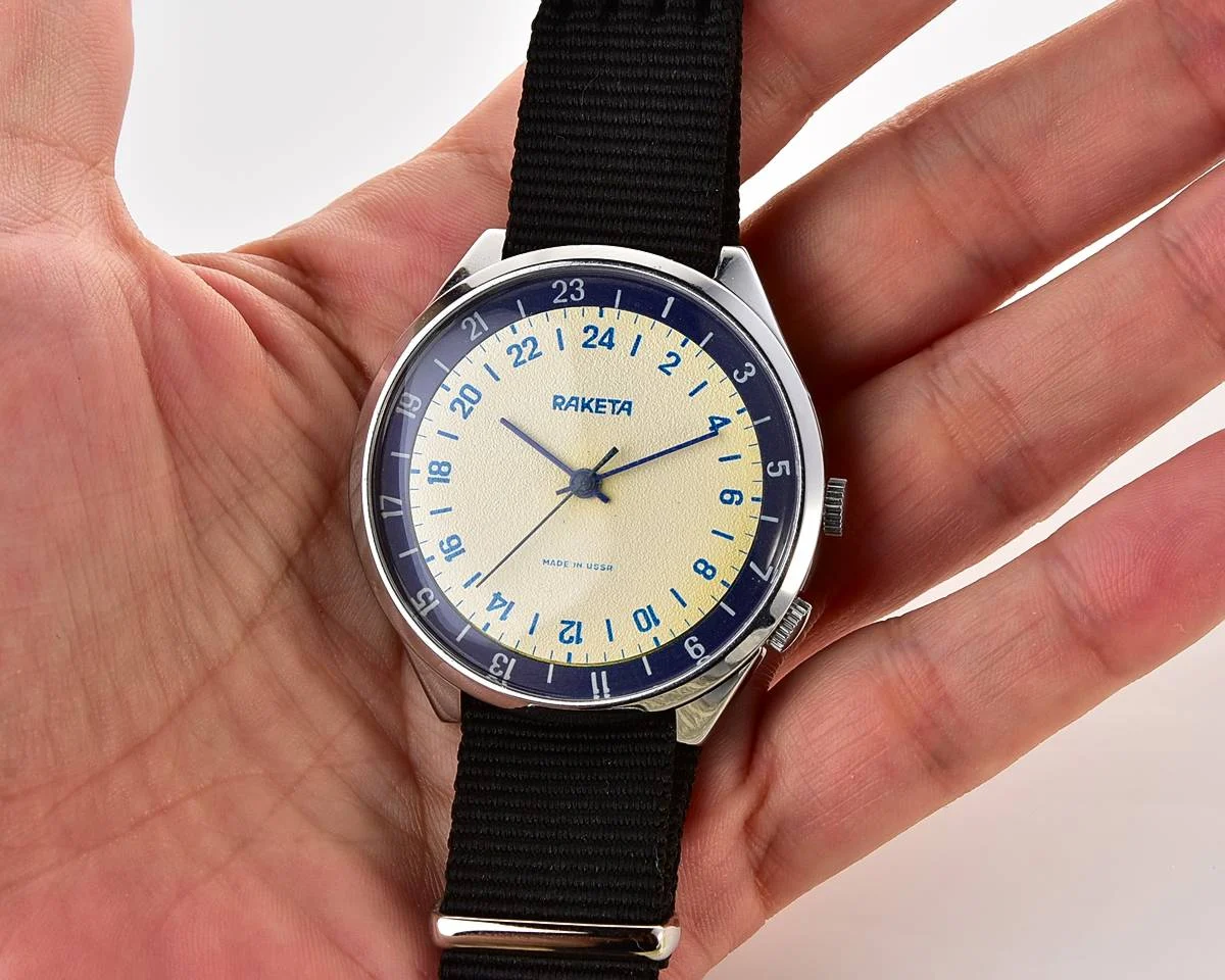 TIME CAPSULE: Soviet vintage mechanical watch Raketa with 24 hours dial, New Old Stock (NOS)!