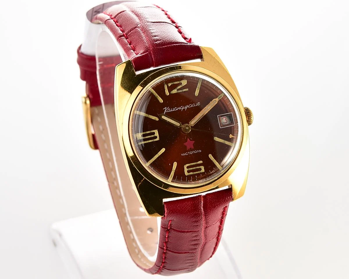 Soviet gold-plated Vostok Komandirskie mechanical watch, Zakaz MO CCCP, with engraved back!