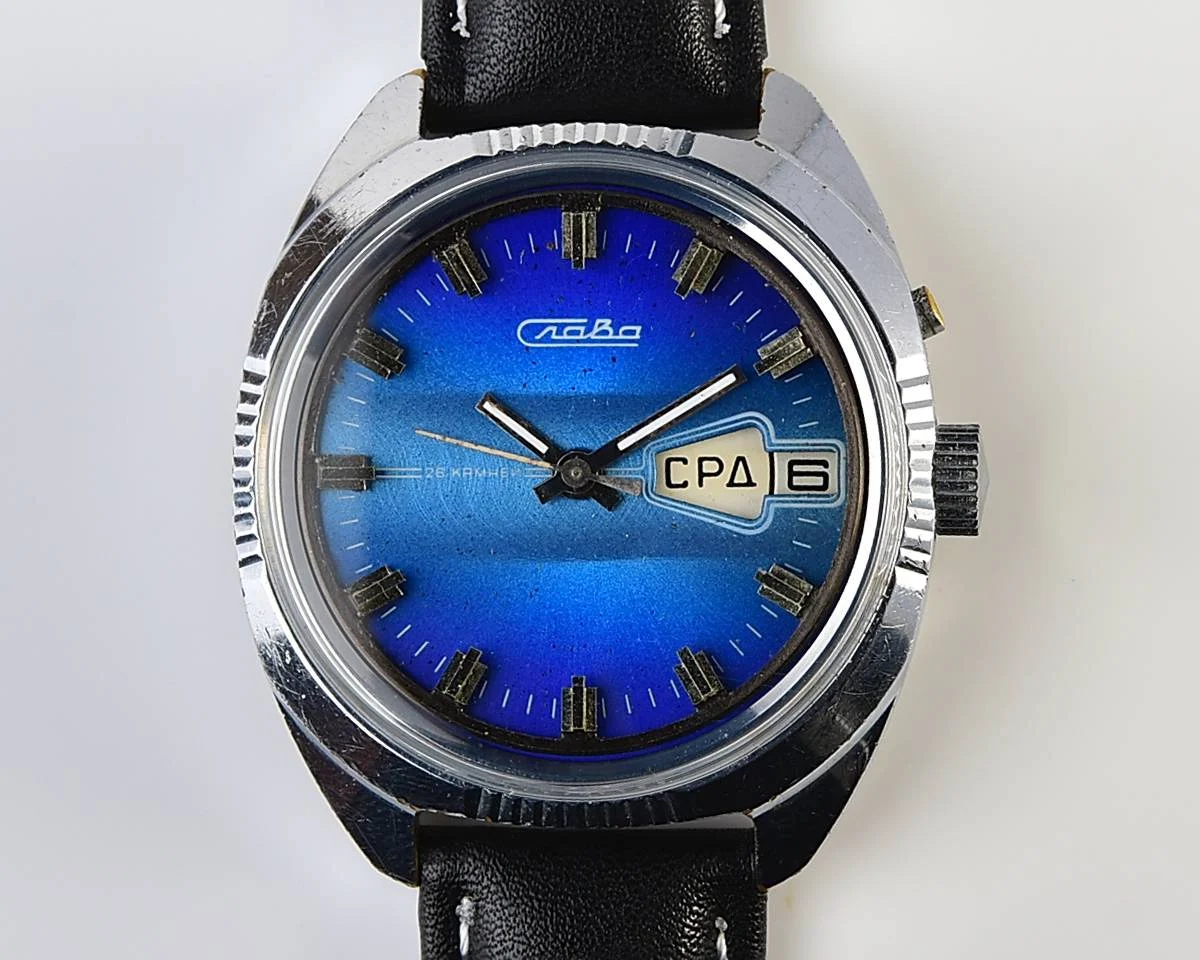 Slava Soviet mechanical vintage watch with blue dial