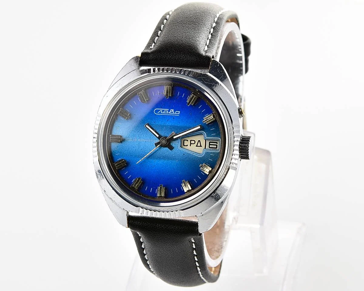 Slava Soviet mechanical vintage watch with blue dial