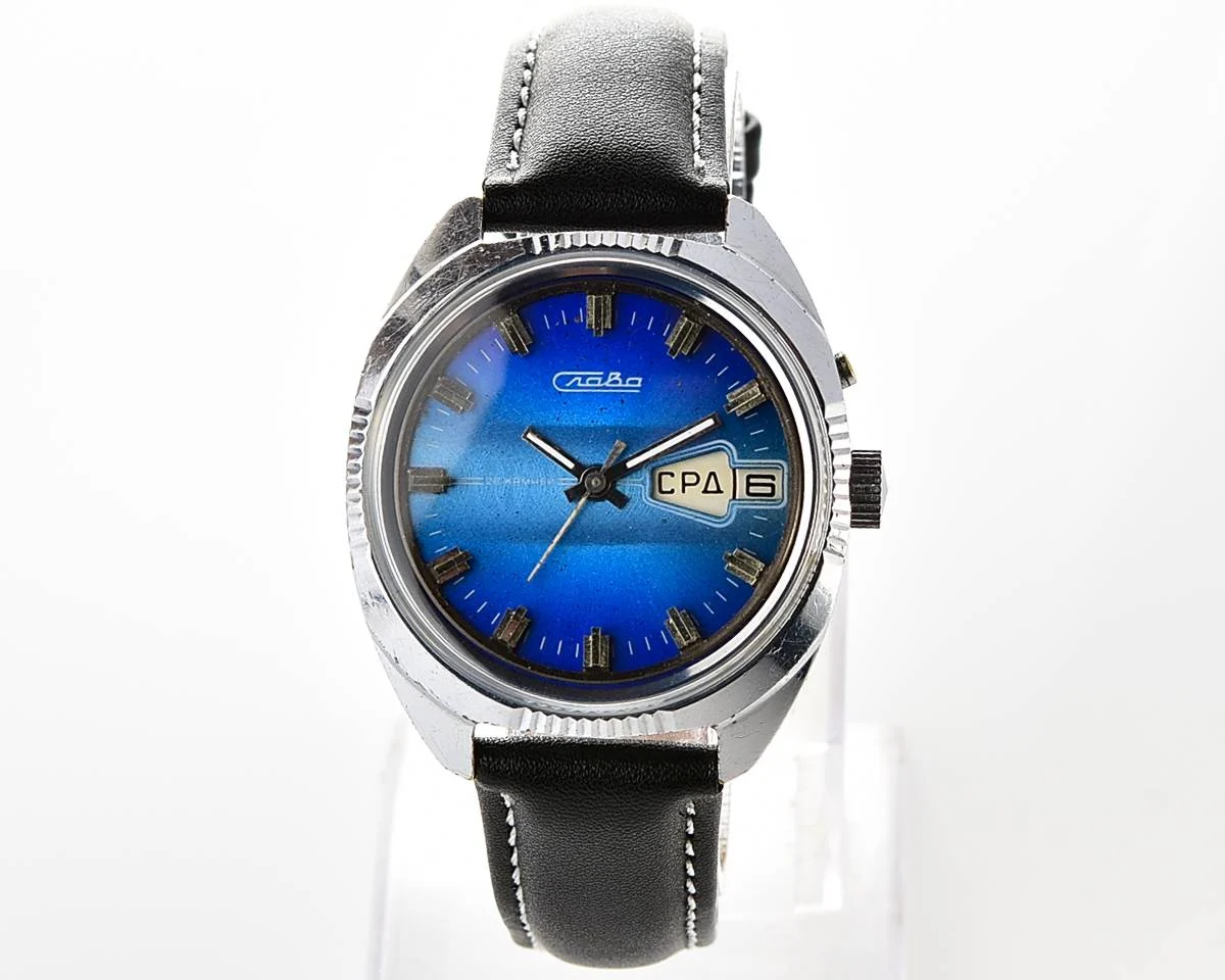 Slava Soviet mechanical vintage watch with blue dial