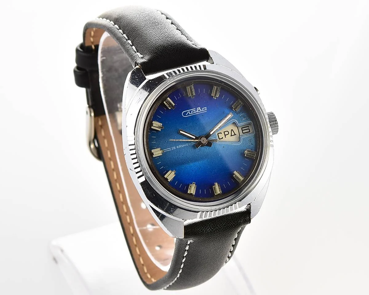 Slava Soviet mechanical vintage watch with blue dial