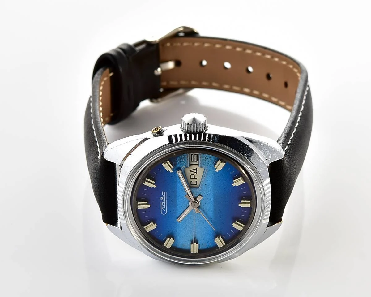 Slava Soviet mechanical vintage watch with blue dial