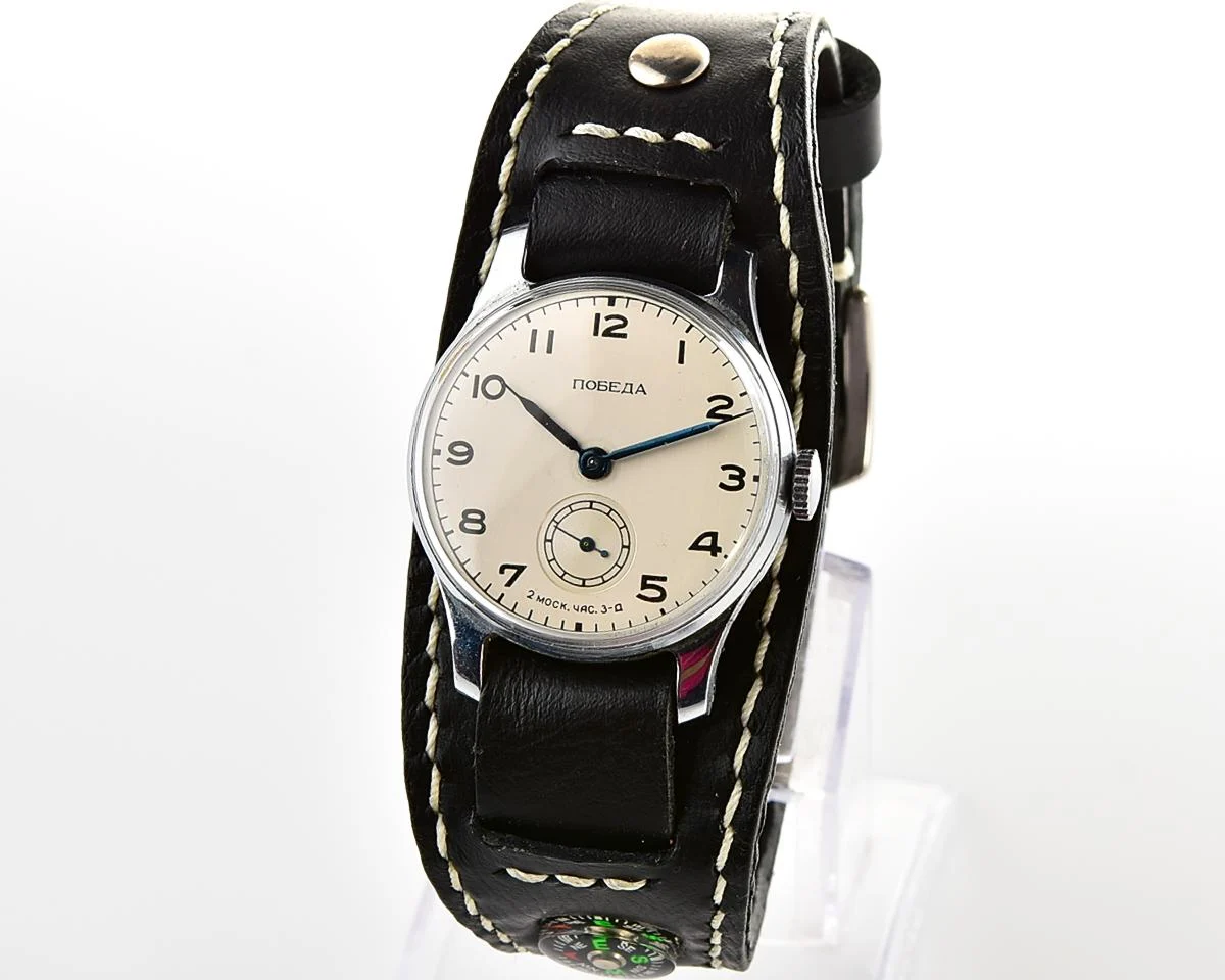 Excellent Soviet Pobeda from 1955 + exquisite Sturmanskie compass leather strap!