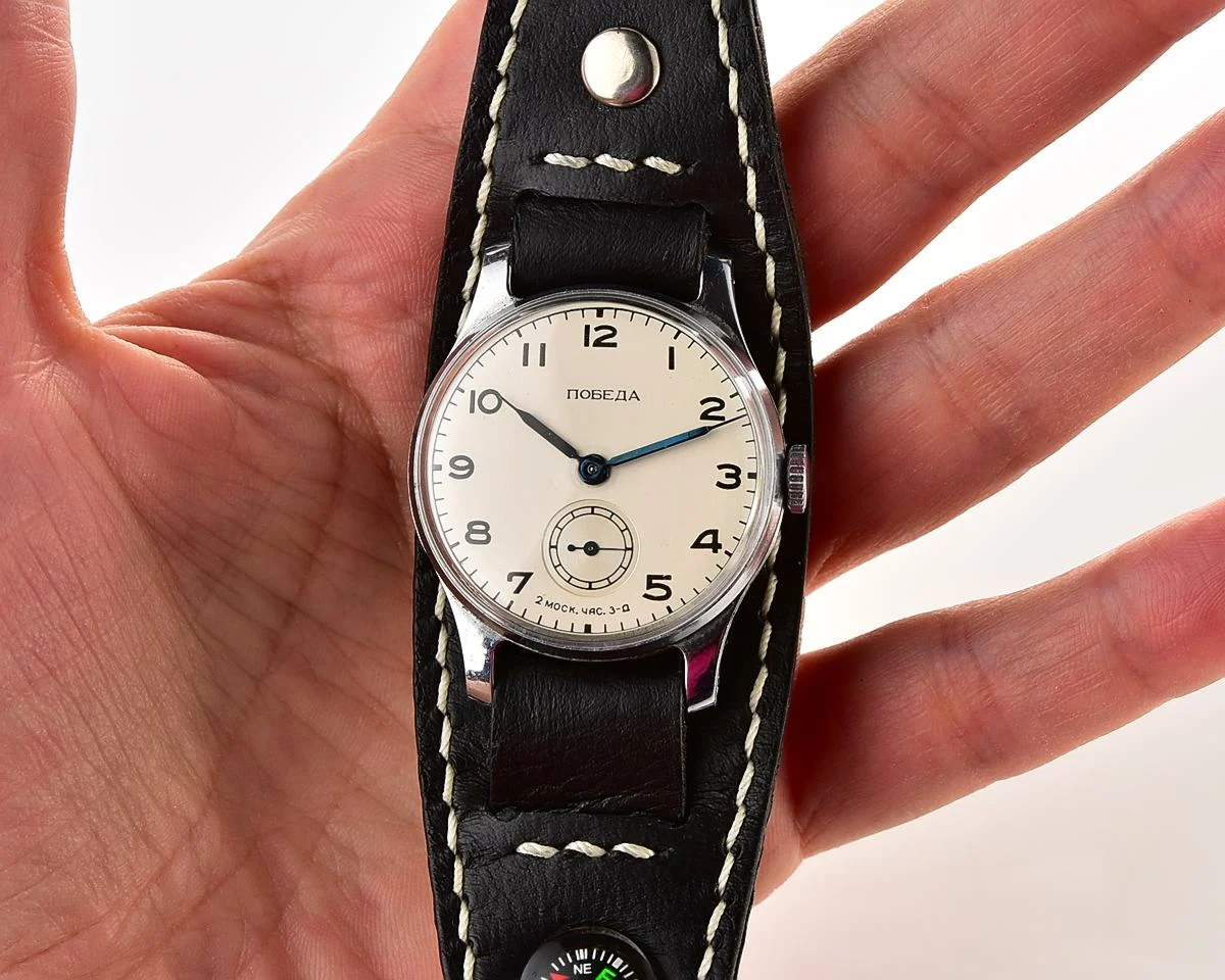 Excellent Soviet Pobeda from 1955 + exquisite Sturmanskie compass leather strap!