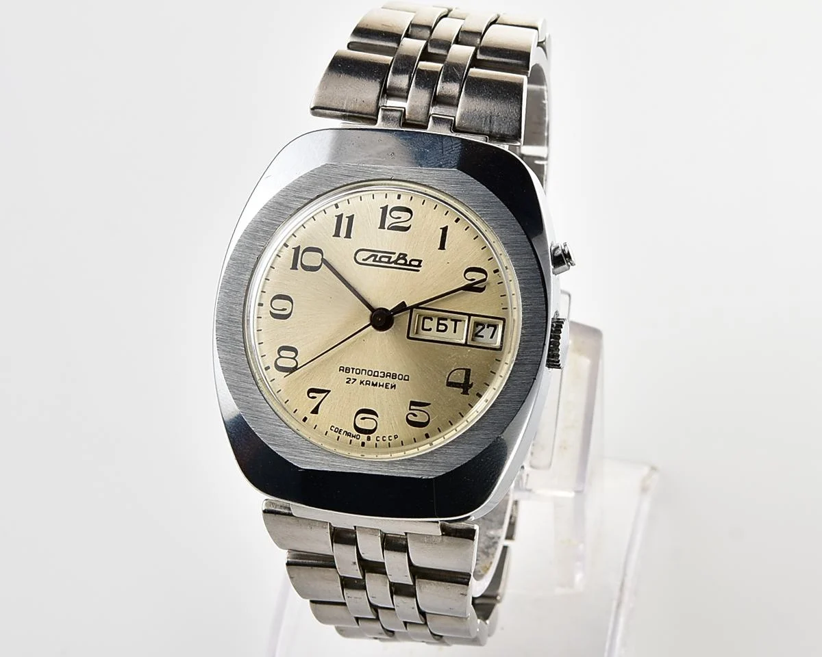 Large Soviet Slava vintage watch with automatic self-winding mechanical movement