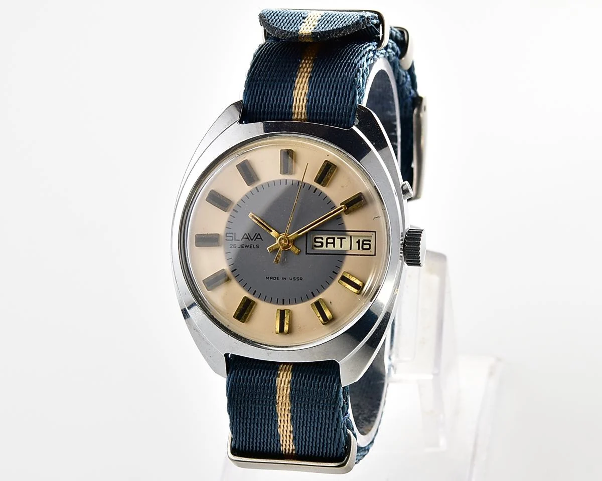 Slava Soviet mechanical vintage watch with duo-tone dial
