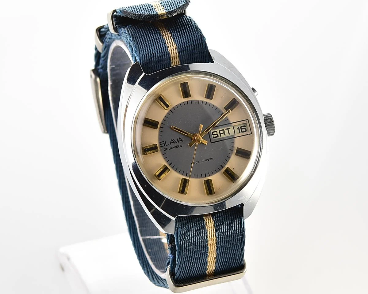 Slava Soviet mechanical vintage watch with duo-tone dial