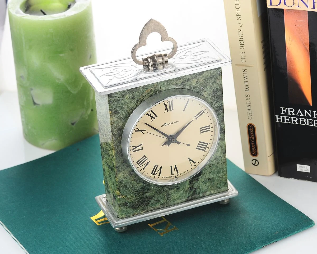 Vintage Molnija grey marble mechanical table clock with 12 days power reserve!