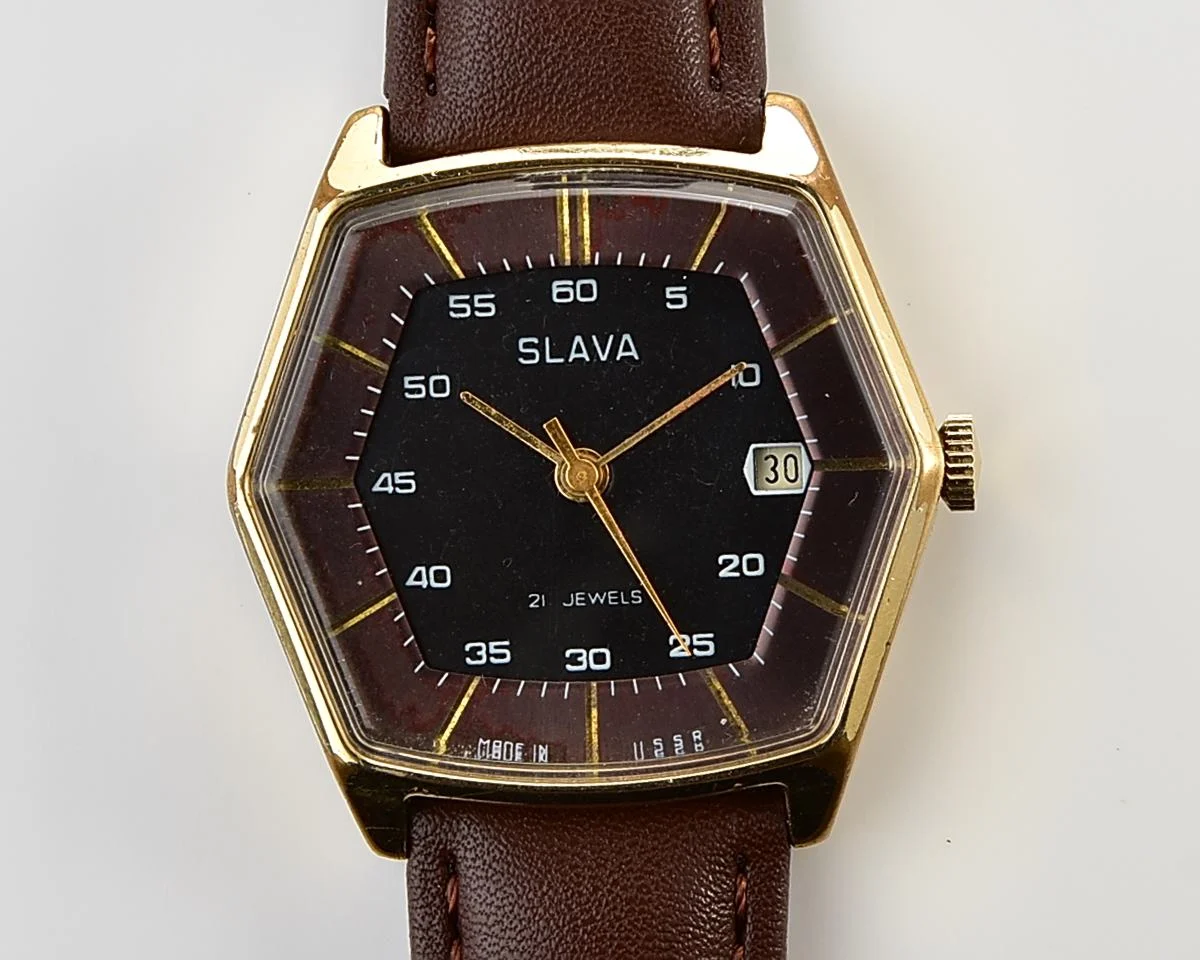 Hexagonal Slava Soviet gold-plated mechanical vintage watch