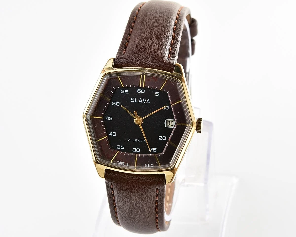 Hexagonal Slava Soviet gold-plated mechanical vintage watch