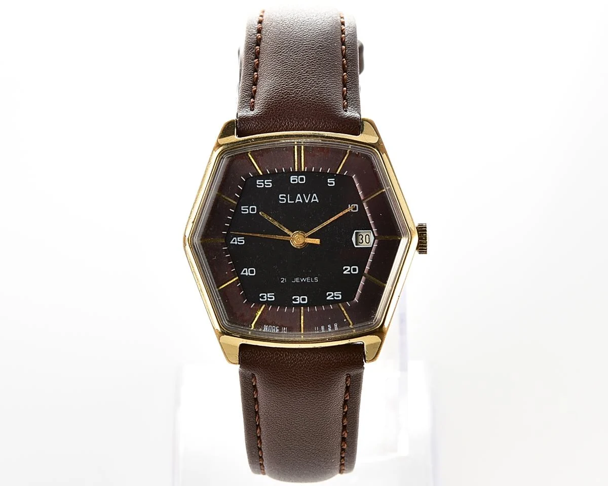 Hexagonal Slava Soviet gold-plated mechanical vintage watch