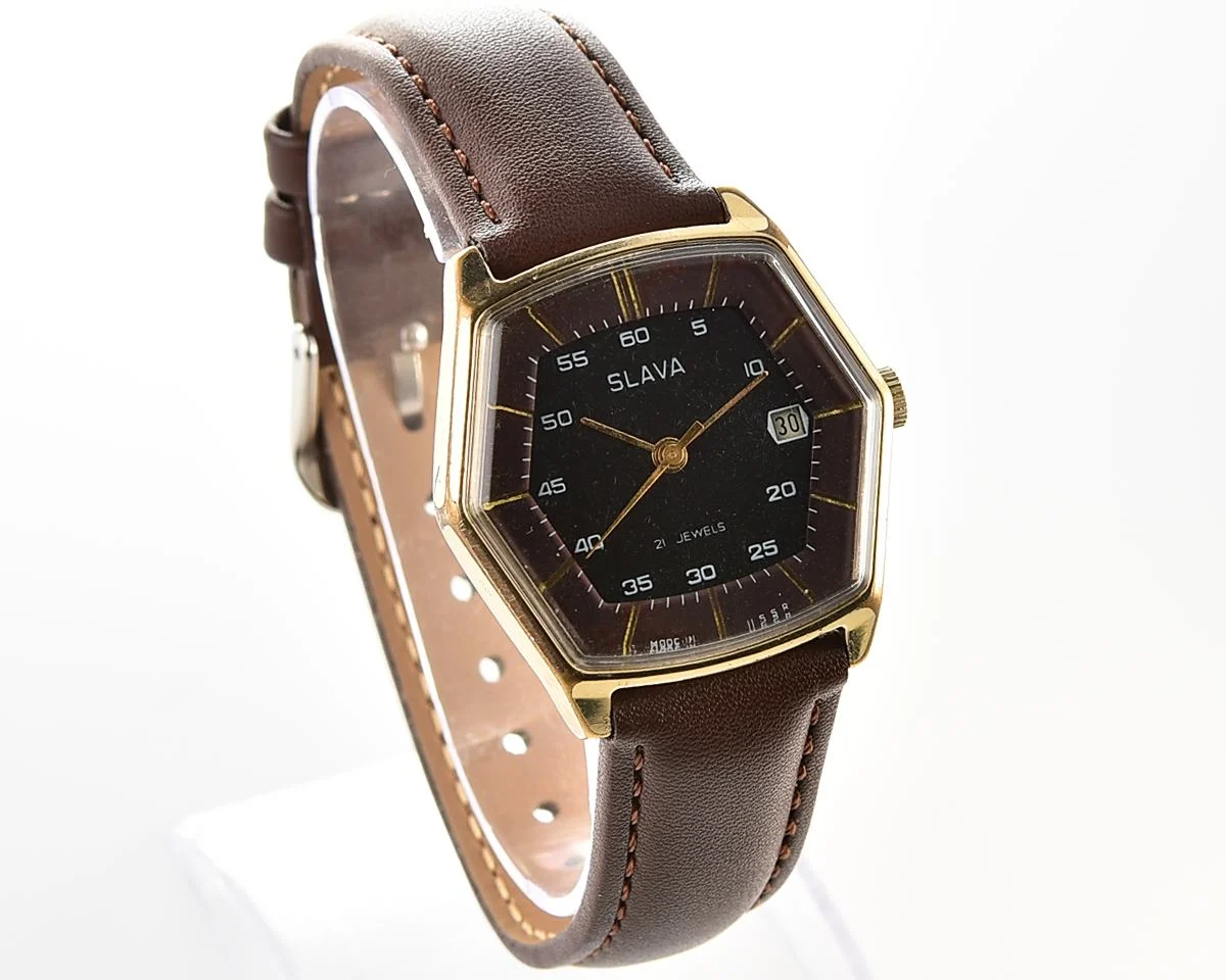 Hexagonal Slava Soviet gold-plated mechanical vintage watch