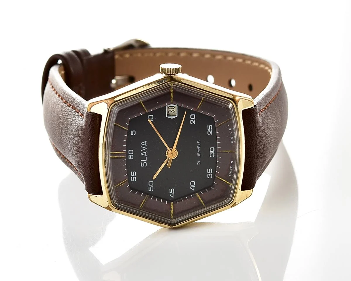Hexagonal Slava Soviet gold-plated mechanical vintage watch