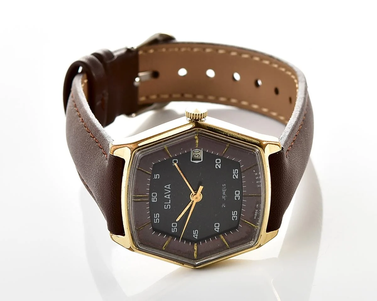 Hexagonal Slava Soviet gold-plated mechanical vintage watch