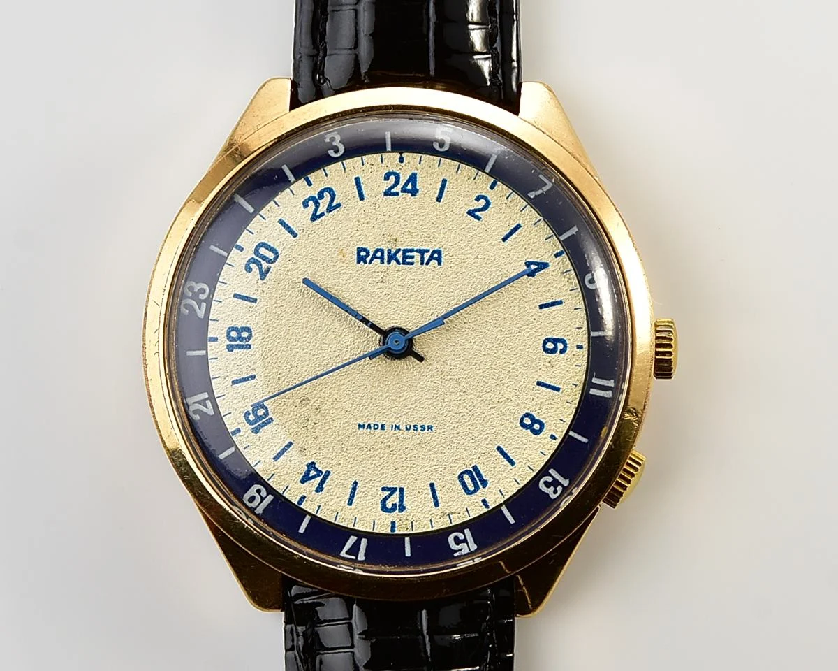 Vintage mechanical gold-plated Raketa watch with 24 hours dial