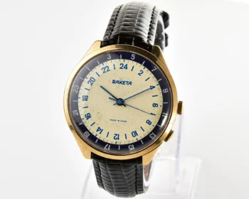 Vintage mechanical gold-plated Raketa watch with 24 hours dial